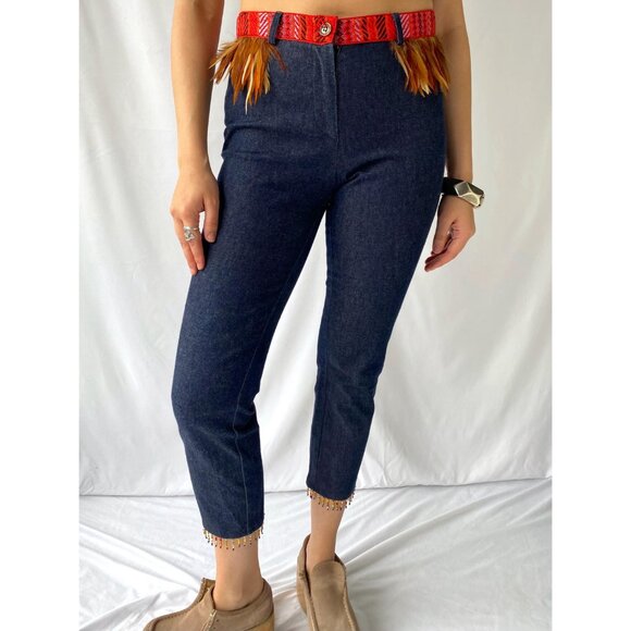 90s vintage funky embroidered unique fringed blue denim cropped capris jeans - Picture 2 of 9